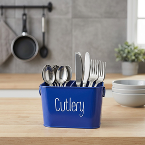 Blue Rectangular Metal Cutlery Storage Holder with "Cutlery" <b>Label</b> for <b>Kitchen</b> Use - Product Image 2