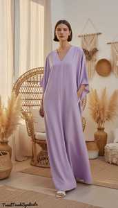 Women's Lavender Linen Maxi Caftan Regular Fit V-Neck Boho Lounge <b>Dress</b> Party Wear Knitted Fabric Eco-Friendly <b>Belt</b> B2B - Product Image 6