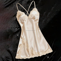 Chemise de nuit personnalisée en satin de soie avec dentelle, col en V, sexy, dos nu, bretelles fines, pour femme