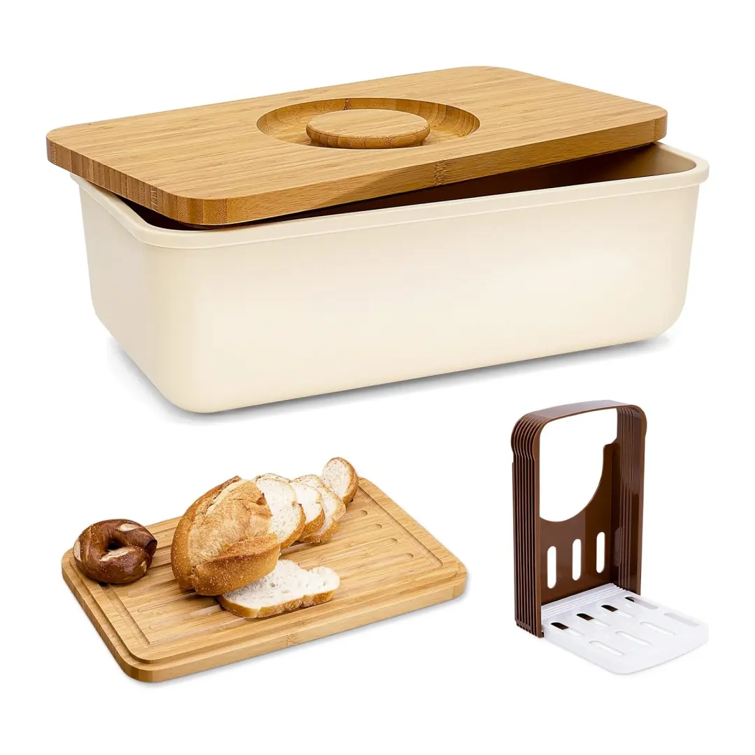 Bambu ahşap kesme tahtası ile ekmek kutusu kapak ekmek saklama kabı dikdörtgen krem renk ekmek konteyner mutfak için