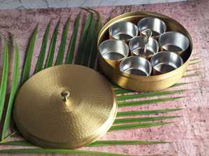 Traditional Brass Masala Dabba Spice <b>Box</b> With 6 Stainless Steel Cups And Spoon Handcrafted Kitchen Storage Container - Product Image 1