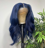 Perruque de cheveux humains Remy longue, bleu marine, pré-épilée, 13x4 sans colle, avec closure transparente 5x5, ondulations lâches, couleur mixte