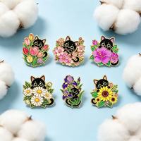 Pin Logam Grosir Motif Kartun, Bros Kucing Hitam Lucu Bermotif Bunga, Pin Kucing Kreatif Cetak UV, Aksesoris Pakaian Fashion