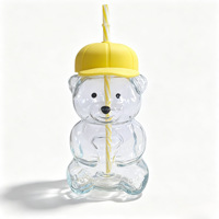 Gobelet en verre grande capacité avec paille, motif ours mignon et casquette de baseball de dessin animé, transparent