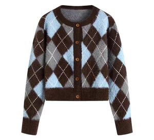 Pull à boutons à manches longues pour fille, style preppy, en <span class=keywords><strong>crochet</strong></span> Argyle, vente chaude - Product Image 4