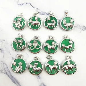 12 Chinese Zodiac Animals Charm 925 Sterling Silver Round Stone Green Jade Horoscope Pendant Popular Necklace for New Year Gift