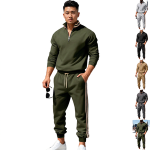 Ensemble de survêtement décontracté pour homme, respirant, demi-zip, couleur unie, manches longues, poches latérales, cordon de serrage, idéal pour l'automne - Product Image 1