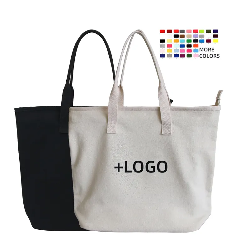 Bolsa de lona lisa con cremallera, de algodón, impermeable, blanca, con logotipo impreso personalizado, venta al por mayor