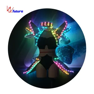 LEVOU Futurista Guerreiro Sexy Vestido com LED Glaesses rave roupas Carnaval LED roupas Trajes Sexy