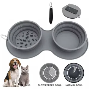 Portable Double Silicone Anti-Choking Pet Travel Outdoor Slow Feeding Food Bowl For Dogs Cats Small Animals