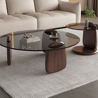 Table basse ronde couleur noyer pour salon, petit appartement, style luxe léger, moderne et minimaliste, table à thé en verre combiné