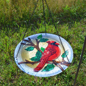 Bain/mangeoire pour oiseaux en verre fusionné Cardinal gaufré avec piquet de bain d'oiseaux à 3 broches en métal - Product Image 4