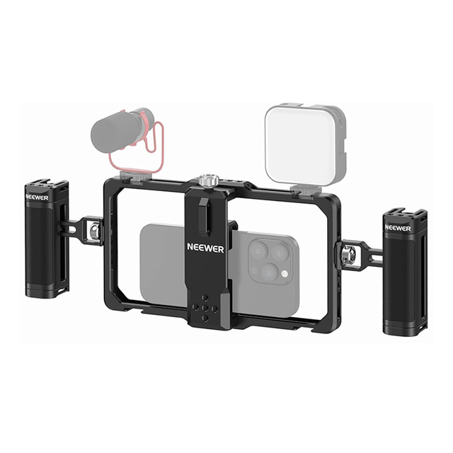 NEEWER Universal Upgraded Phone Rig Vlogging Kit Video Stabilizer with Dual Handle Wireless Mic Clip Slot