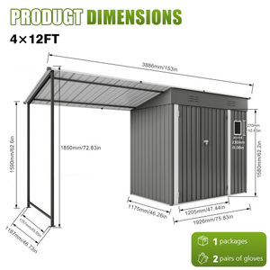 Abri métallique 4x12FT à pignon incliné, combinaison pergola à côtés ouverts en acier galvanisé, pour rangement extérieur, jardin et cour arrière - Product Image 1