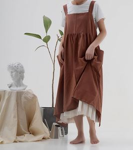 Tablier de cuisine coréen et japonais en coton et lin, couleur unie, avec ceinture, anti-salissures - Product Image 6