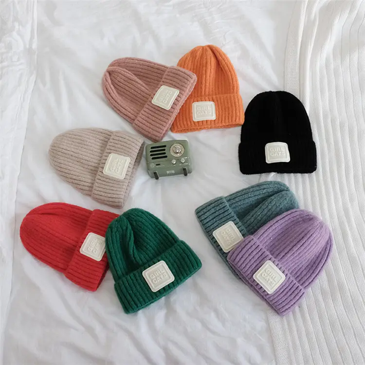 Wholesale fashion custom label children solid color winter skull cap warm winter hat kid cotton beanie hat cap