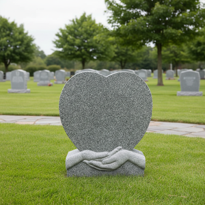 Moderna lápida individual con diseño de corazón y manos, pulida en su totalidad, hecha de granito Padang Grey (G614) de alta calidad. - Product Image 1