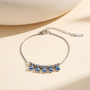 Bracelet chaîne plaqué or 18 carats PVD pour femmes avec perles bleues œil porte-bonheur, bijoux de mode, cadeau, vente en gros d'usine - Product Image 5
