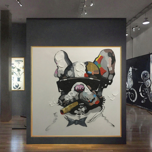 Peinture 100% peinte à la main sur <span class=keywords><strong>toile</strong></span> moderne, Pop Art abstrait, Bouledogue <span class=keywords><strong>patron</strong></span> avec lunettes de soleil, Animal de dessin animé, Peintures à l'huile/acrylique - Product Image 3