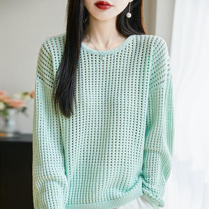 <b>Mint</b> Green Cotton Hollow Knit Sweater Women Long Sleeve Thin Layered Cover Up Spring Summer Style - Product Image 3