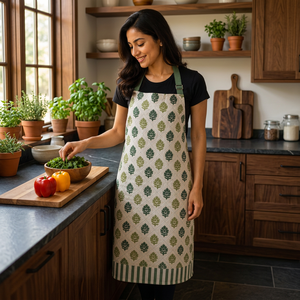 Premium Linen Apron | Green <b>Botanical</b> Leaf <b>Print</b> Linen Bib Apron with Striped Hem | Adjustable Kitchen Cooking & Baking Apron - Product Image 2