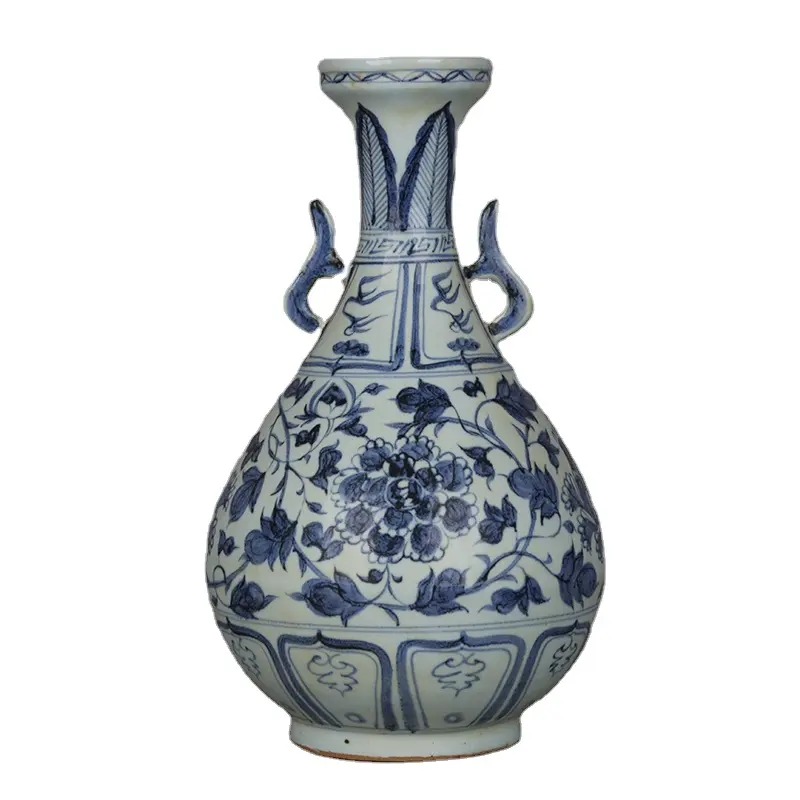 青と白の牡丹パターンアンティーク陶器中国磁器アンフォラ花瓶アンティーク手描きドラゴンパターン手工芸品