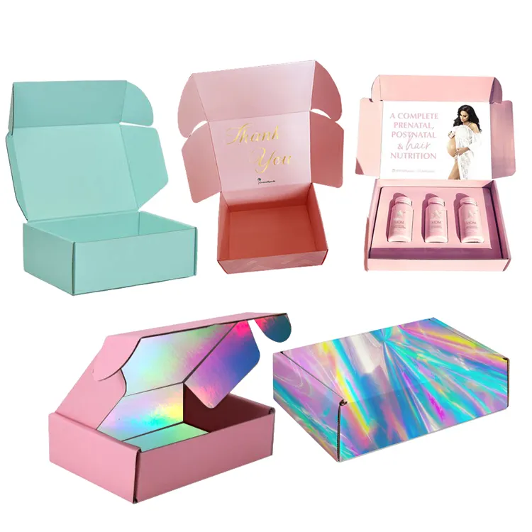 Oem Unique Purple Pink Blue Holographic Literature Small Wigs Mailerbox Kraft Mailer Mailing Box Shipping Corrugated Paper Boxes