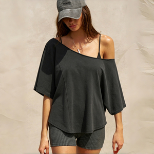Camiseta de Verano 2026 para Mujer, Color Gris, Hombros Descubiertos, Corte Holgado, Manga Corta, Cuello Asimétrico, para Uso Diario - Product Image 1