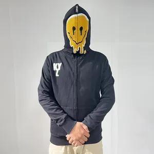 New Design Unisex Smiley Chenille Embroidery Plus Size Full Zip Hoodie Custom Logo Heavy Weight Full Face Zip Up Hoodie For Men