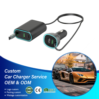 Cargador de Coche con Encendedor de Cigarrillos de 5 Puertos PD65W, Cable Tipo-C Retráctil Integrado, Pantalla Digital de Voltaje, Indicador LED de 12-24V