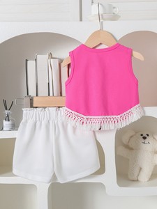 Completo Abito Estivo 2026 da <span class=keywords><strong>Bambina</strong></span> in Cotone: Gilet Senza Maniche con Fiocco e Colletto, Pantaloncini <span class=keywords><strong>Bianchi</strong></span> con Bottoni Perla e Dettagli Nappa Eleganti - Product Image 2