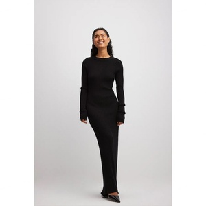 Vestido de Punto Personalizado con Cuello Redondo y Manga Larga, Vestido Midi Casual de Otoño para Mujer, Vestido de Punto Acanalado - Product Image 2