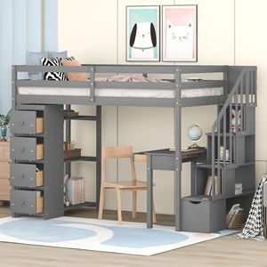 Twin Size Wooden Loft Bed with Storage Drawers <b>Desk</b> and Stairs Gray <b>Shelves</b> for Kids - Product Image 1