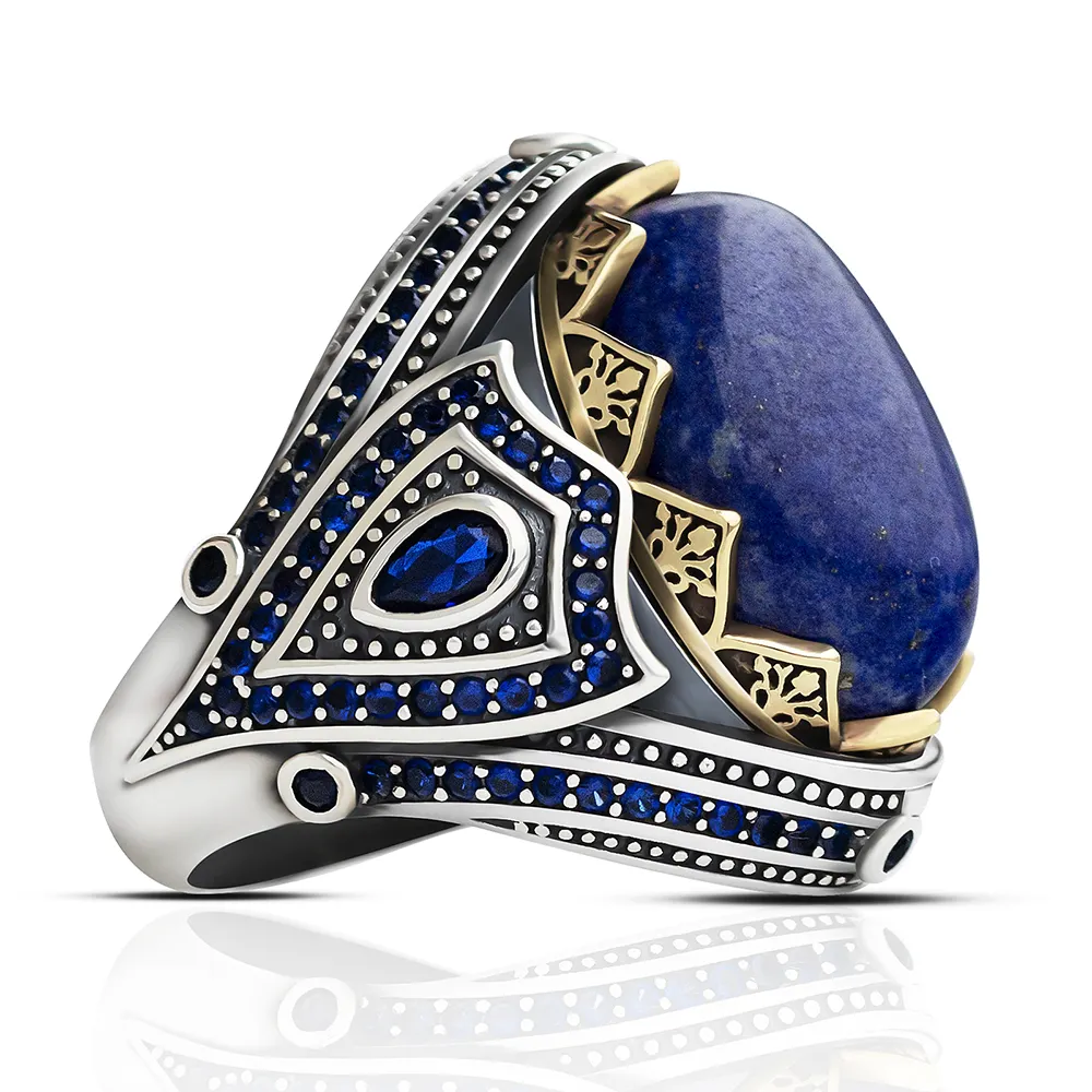 925 Sterling Silver Ring Men with Blue Lapis Lazuli Natural Stone Handmade Statement Vintage Turkish Wedding Ring