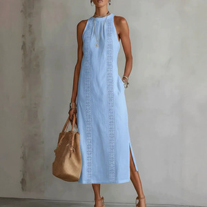 Vestido midi sin mangas para mujer, estilo halter, con encaje y patchwork, línea A, para vacaciones, Dropshipping Shopify, primavera. - Product Image 3