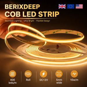 Ruban <span class=keywords><strong>LED</strong></span> COB 400 <span class=keywords><strong>LED</strong></span>/m 5mm de large DC12V 10W/M CRI 92+ Sans points IP20 Dimmable Flexible pour Décoration Intérieure d'Armoires - Product Image 1