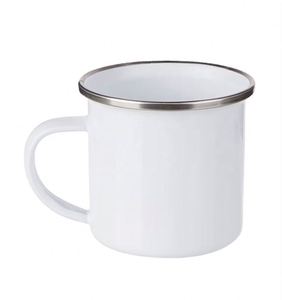Tasse à café/thé en émail en acier avec anse, personnalisable avec logo, réutilisable, à bord roulé, pour le camping, vente en gros - Product Image 1