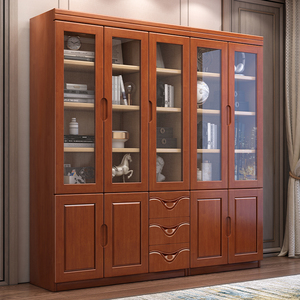Shulin <b>Solid</b> <b>Wood</b> <b>Bookcase</b> With Glass Doors 601 Storage Cabinet For Home Office Display Shelf Modern Minimalist Design - Product Image 3