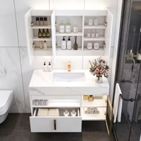 Meuble-lavabo flottant blanc étanche IPX4 à tiroir unique, nouveau modèle, avec porte en verre, éclairage LED et plateau en marbre, idéal pour hôtel