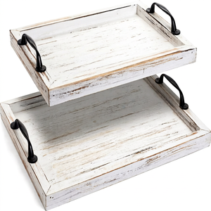 Plateau de service en pin gris patiné, style antique, avec poignées découpées intégrées - Product Image 1