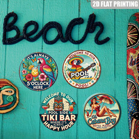Juego de Letreros Metálicos Redondos con Temática de Bar Tiki Vintage, Decoración de Pared Retro con Loros para Patio o Bar