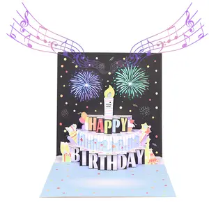 High Quality 3d Pop Up Music Laser Cut Greeting Card Suppliers Happy Cake Greeting Card Blow Out Candle Cards