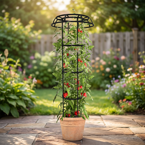 Soporte para Plantas de Hierro Negro con Altura Ajustable y Jaula Superior para Flores de Jardín al Aire Libre - Product Image 1