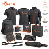 Ensemble d'articles promotionnels personnalisés avec sac fourre-tout, parapluie, carnet et articles de boisson pour salons professionnels et événements d'entreprise