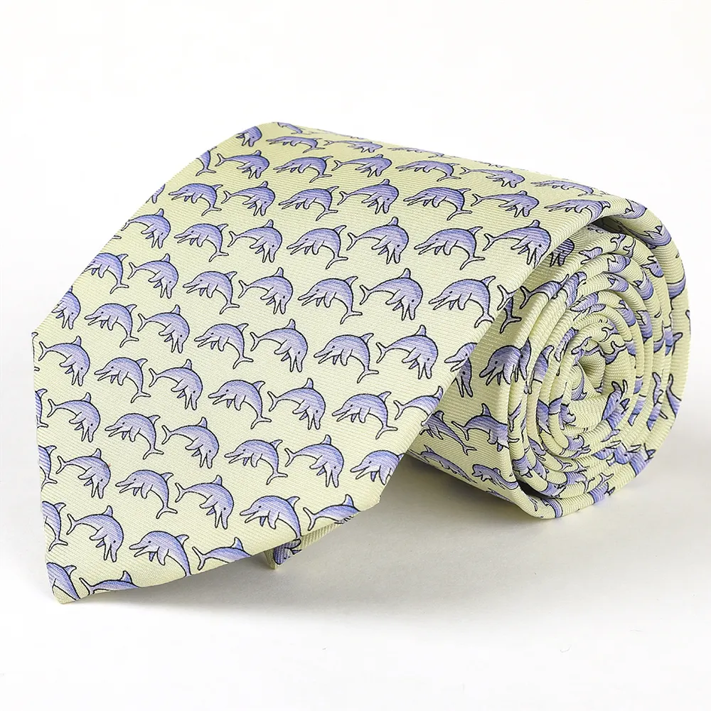 High Quality 100% Silk Neckties ODM OEM Pure Silk Ties Hand Printing Fun Sea Animal Pattern Yellow Dolphin Men's Silk Ties