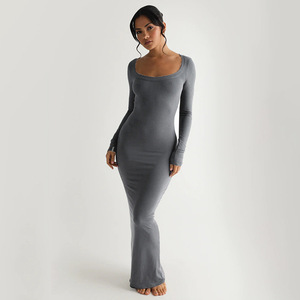 Vestido ajustado de manga larga con cuello cuadrado, de punto, color liso, corte ceñido, para fiesta o casual, transpirable, con cintura natural - Product Image 1