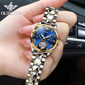OUPINKE 3202 Moon Phase <b>Automatic</b> Watch for Women Elegant Skeleton Dial <b>Chronograph</b> Auto Date Waterproof Ladies Mechanical Watch - Product Image 2