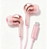 Earphone Berkabel Berlapis Elektroplating Warna Pink dengan Mikrofon Universal untuk Olahraga, Ponsel, Komputer, Kualitas Suara HIFI, Bass Berat