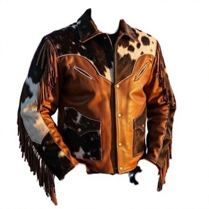 Chaqueta de Cuero Vacuno Vintage para Hombre, Estilo Western con Flecos y Borlas, Patrón de Pelo, Cuello Camisero - Product Image 1