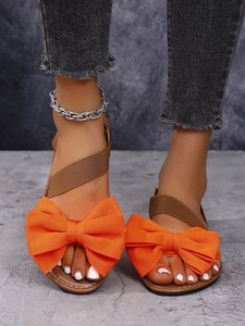 Women Plus Size Flat <b>Sandals</b> Bow Decor <b>Elastic</b> Ankle Strap Lightweight Summer Casual Beach Footwear - Product Image 1